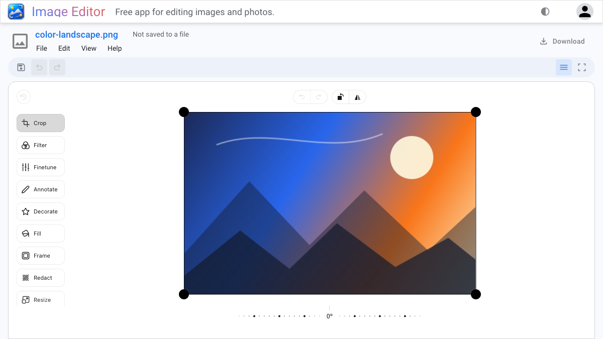 Image Editor with Crop and rotation controls, plus Filter, Finetune, Annotate, Decorate, Fill, Frame, Redact, and Resize beside an image preview.