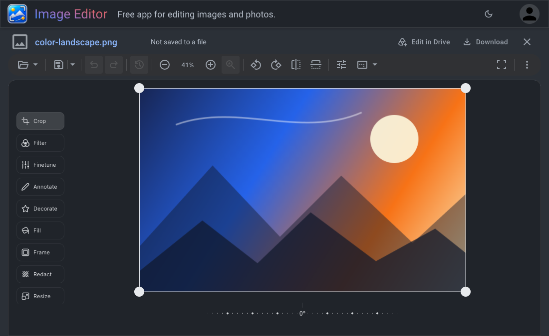 Image Editor in dark mode with Crop and rotation controls, plus Filter, Finetune, Annotate, Decorate, Fill, Frame, Redact, and Resize beside an image preview.