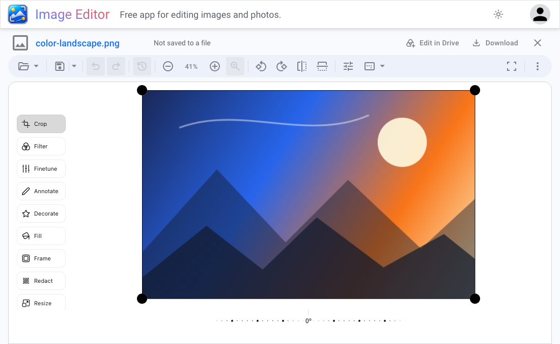 Image Editor in light mode with Crop and rotation controls, plus Filter, Finetune, Annotate, Decorate, Fill, Frame, Redact, and Resize beside an image preview.